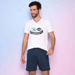 Pijama Baseball<BR>- Branco & Azul Marinho<BR>- Zulai