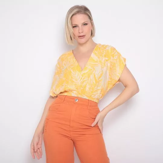 Cropped Folhagens Com Franzidos- Amarelo & Branco