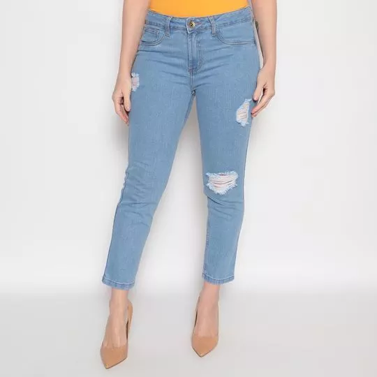 Calça Jeans Diana High Com Puídos- Azul Claro