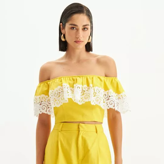 Cropped Ombro A Ombro Com Renda- Amarelo & Branco