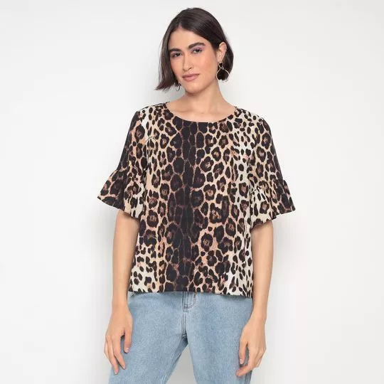 Blusa Animal Com Babados- Bege Claro & Preta