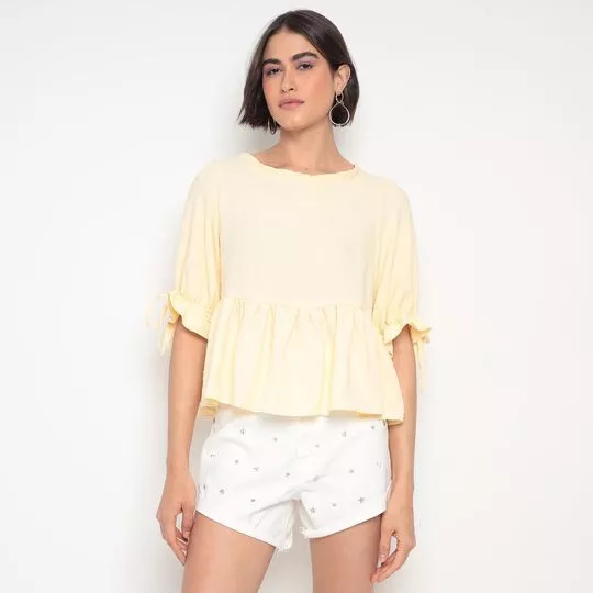 Blusa Texturizada Com Franzidos- Amarelo Claro