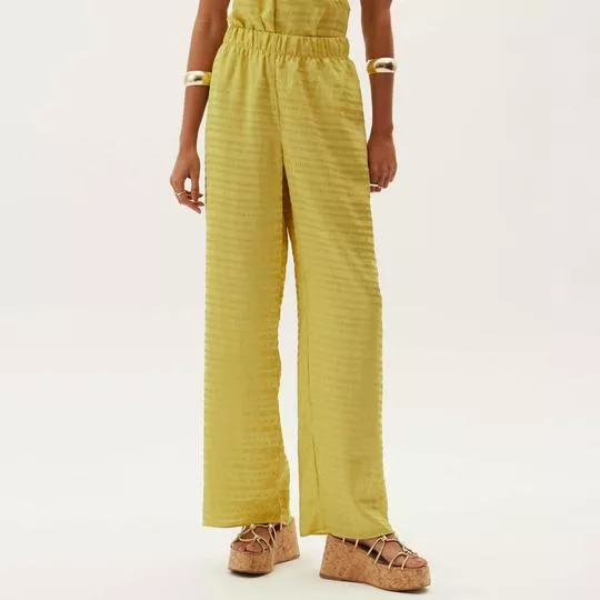 Calça Wide Leg Listrada- Amarelo Escuro