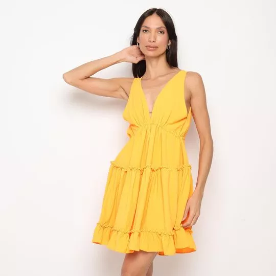 Vestido Curto Com Babados- Amarelo Escuro