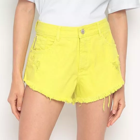 Short Em Sarja Com Puídos- Amarelo Neon- Lança Perfume