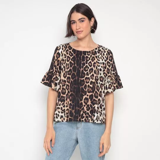 Blusa Animal Com Babados- Bege Claro & Preta- Lança Perfume