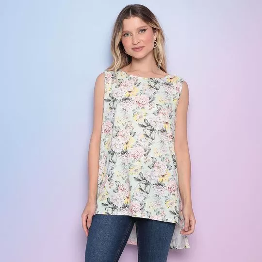 Blusa Alongada Floral- Verde Claro & Rosa- Lança Perfume