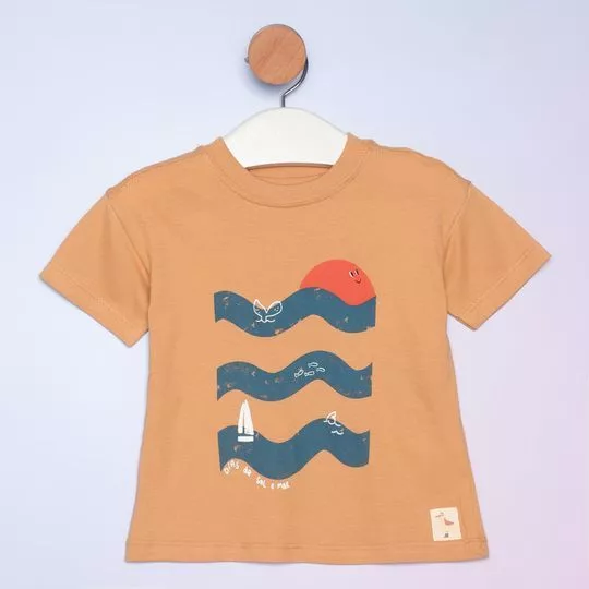 Camiseta Com Inscrições- Marrom & Azul Escuro- Hering Kids