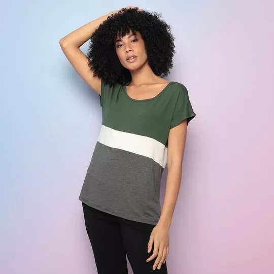 Blusa Com Recortes- Verde Escuro & Off White- Maria Padilha