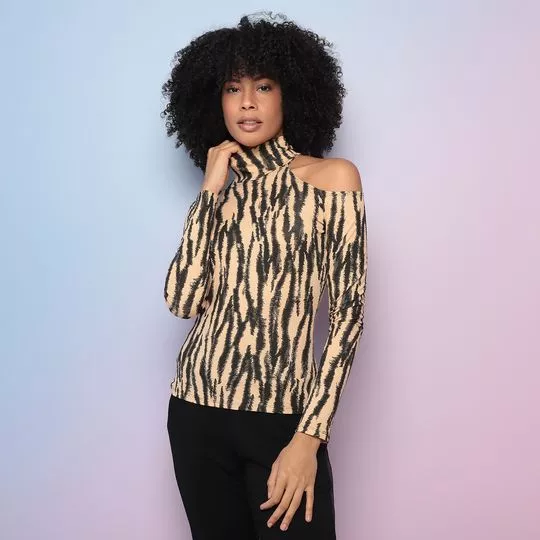 Blusa Ombro A Ombro Animal Print- Bege & Preta- Maria Padilha