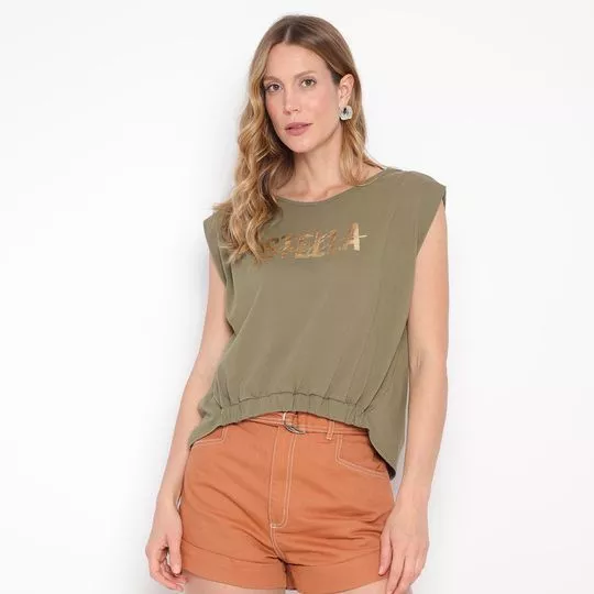 Blusa Com Inscrição- Verde Militar & Dourada- Stella