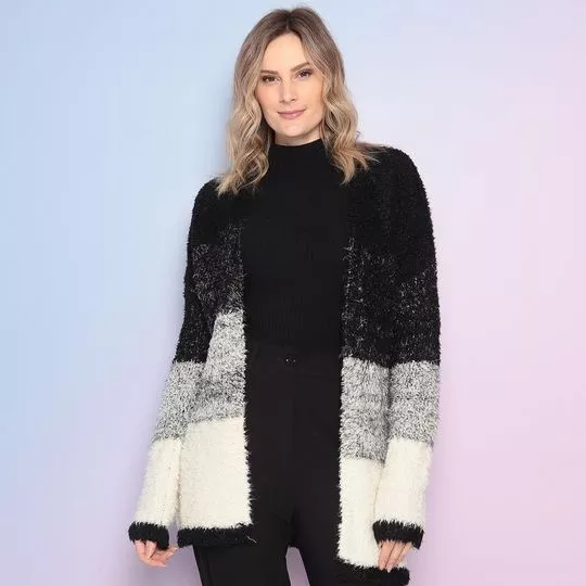 Cardigan Alongado Em Tricô- Preto & Off White