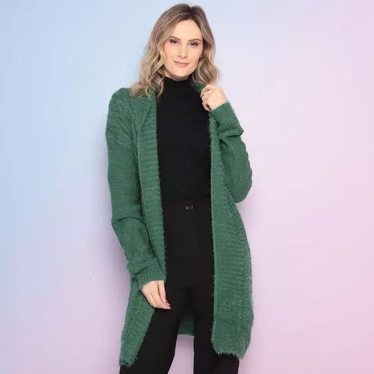 Cardigan Alongado Em Tricô- Verde