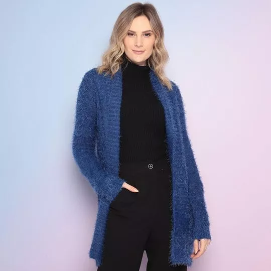 Cardigan Alongado Em Tricô- Azul Escuro