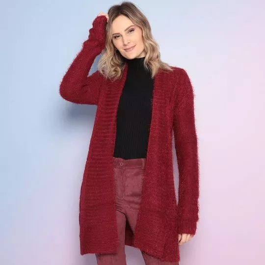 Cardigan Alongado Em Tricô- Vermelho