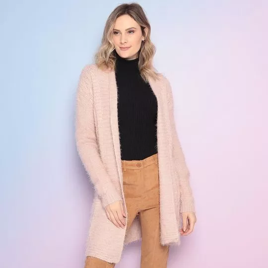 Cardigan Alongado Em Tricô- Rosa Claro