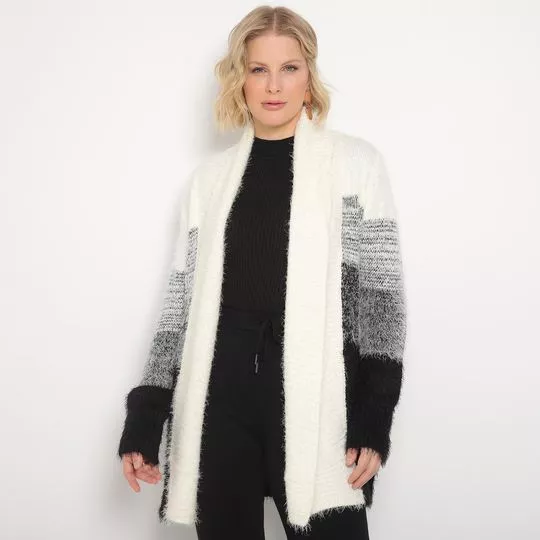 Cardigan Em Tricô Abstrato- Off White & Preto