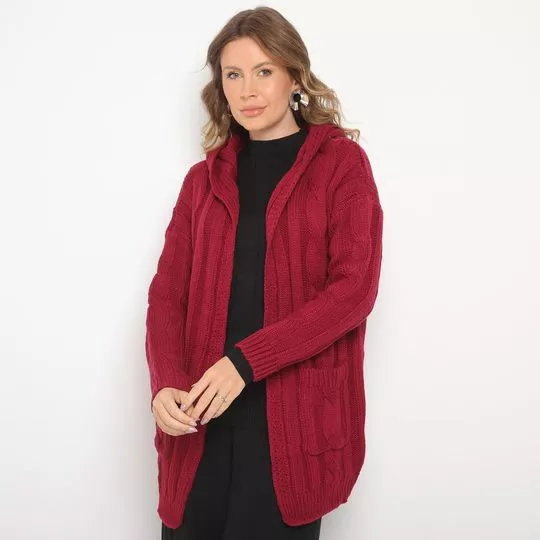 Cardigan Em Tricô Com Capuz- Vermelho