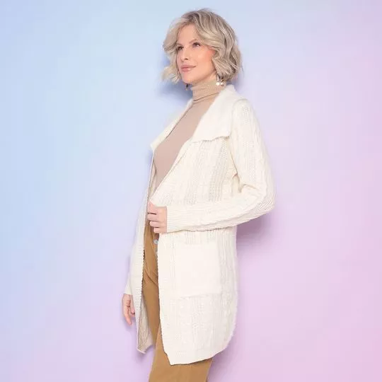 Cardigan Alongado Com Pelúcia- Off White