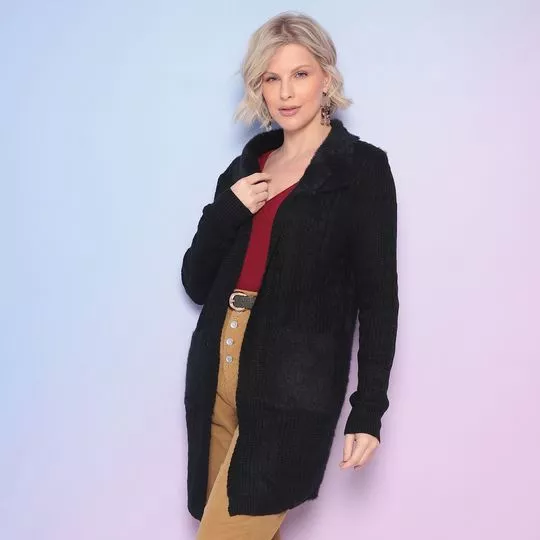 Cardigan Alongado Com Pelúcia- Preto