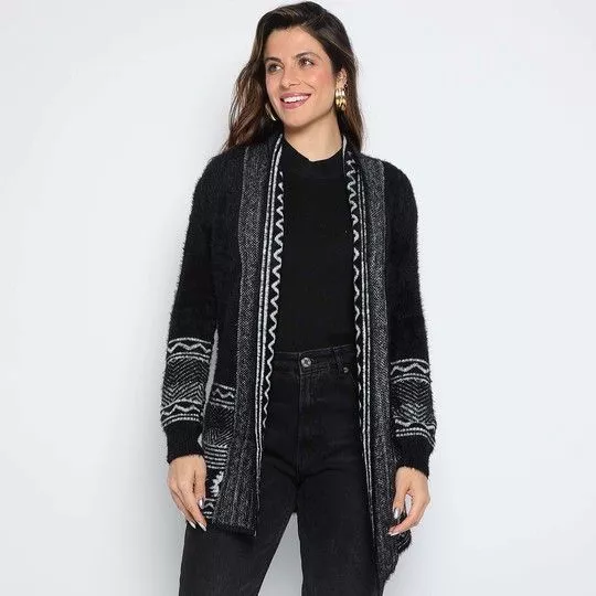 Cardigan Em Tricô- Preto & Branco