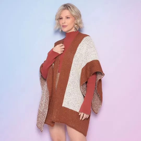 Poncho Em Tricô Com Recortes- Laranja Escuro & Off White