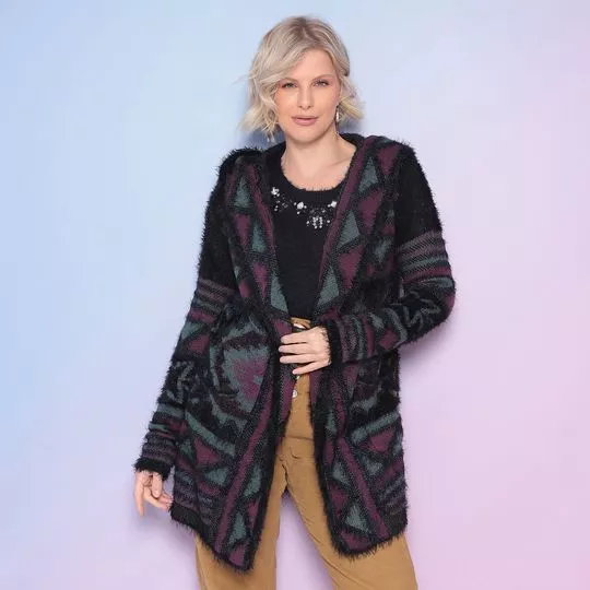 Cardigan Alongado Em Tricô- Preto & Roxo