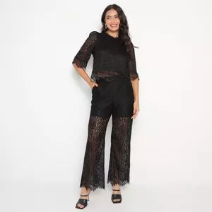 Conjunto De Blusa & Calça Wide Leg Em Renda<BR>- Preto