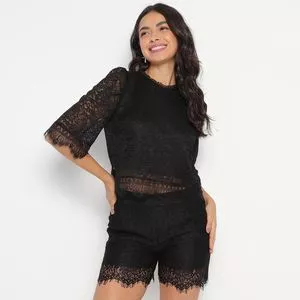 Conjunto De Blusa & Short Em Renda<BR>- Preto