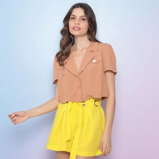 Camisa Cropped Com Recortes- Marrom Claro