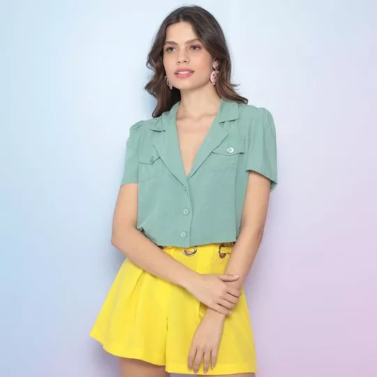 Camisa Cropped Com Recortes- Verde Água