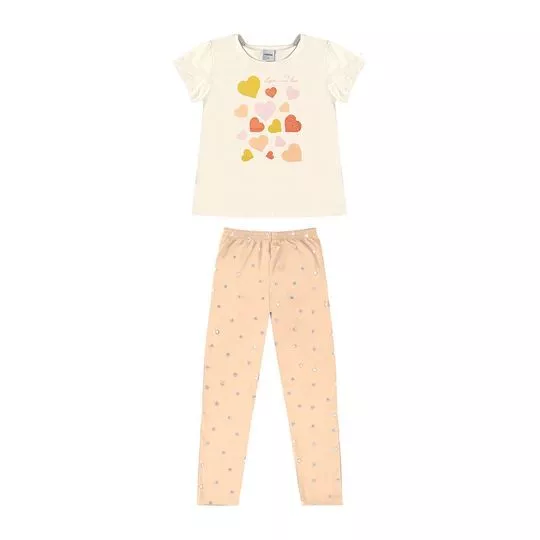 Conjunto De Blusa Corações & Legging- Off White & Rosa Claro- Rovi Kids