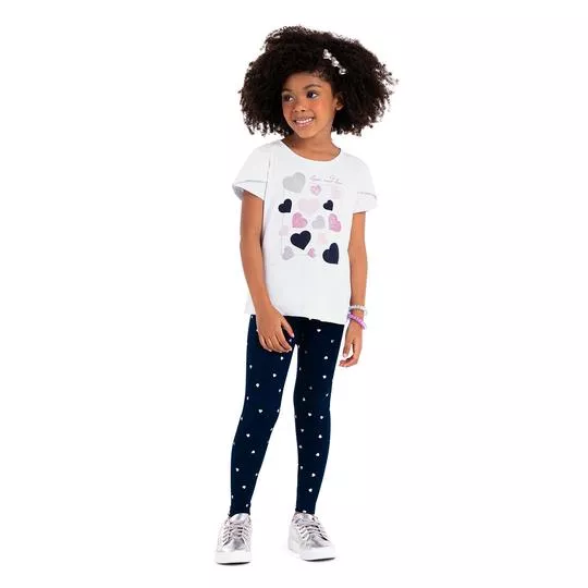 Conjunto De Blusa Corações & Legging- Branco & Azul Marinho- Rovi Kids