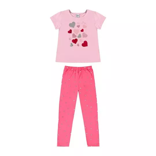 Conjunto De Blusa Corações & Legging Com Aplicação- Rosa Claro & Rosa