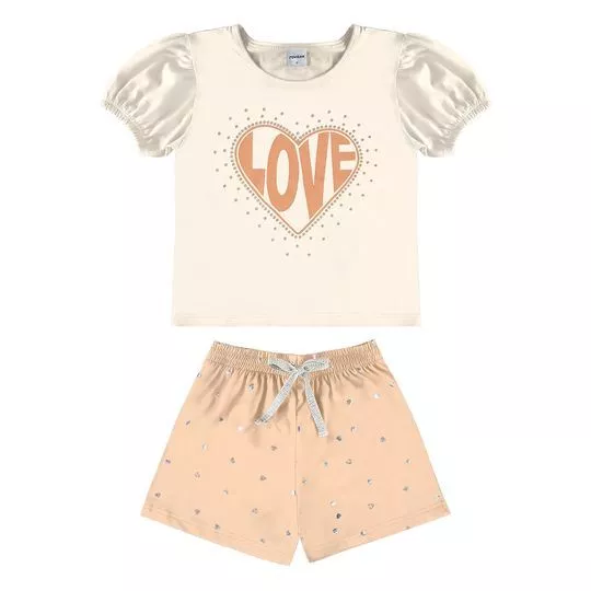 Conjunto De Blusa & Short Corações- Bege Claro & Laranja Claro- Rovitex