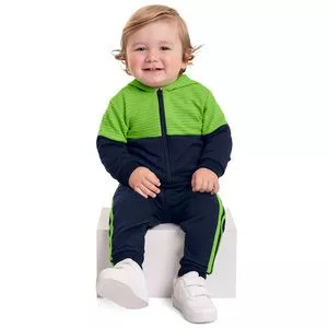 Conjunto De Jaqueta Com Capuz & Calça Jogger<BR>- Azul Marinho & Verde