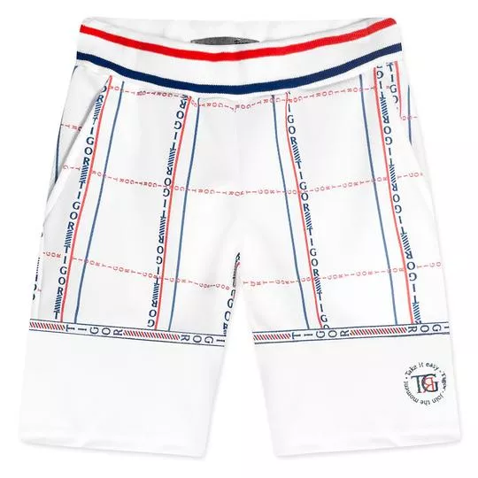 Bermuda Com Inscrições- Off White & Azul Marinho