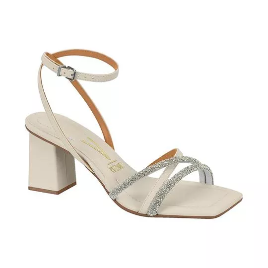 Sandália Com Tiras- Off White & Prateada- Salto: 6cm- Vizzano