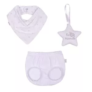 Conjunto De Tapa Fralda & Babador Bandana Estrelinha<BR>- Branco & Cinza Claro<BR>- Paraíso