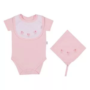 Conjunto De Body, Babador & Babita Com Bordado<BR>- Rosa Claro & Rosa<BR>- Paraíso