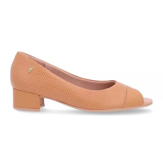 Peep Toe Em Couro Texturizado- Bege- Salto: 3,5cm