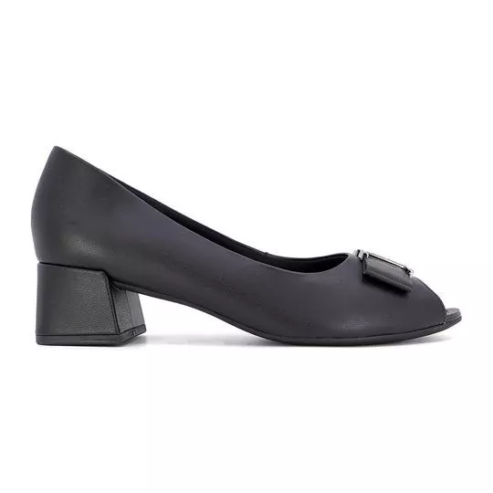 Peep Toe Em Couro Com Laço- Preto- Salto: 4,5cm