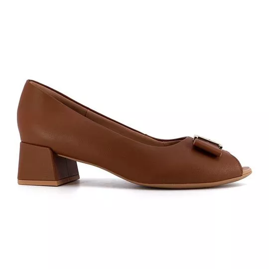 Peep Toe Em Couro Com Laço- Marrom- Salto: 4,5cm