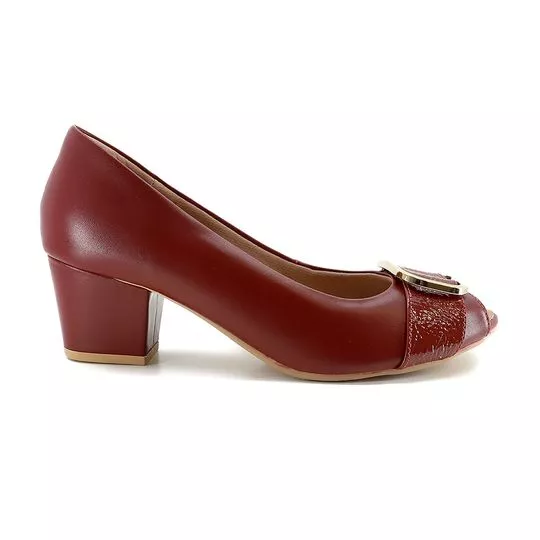 Peep Toe Em Couro Com Aviamento- Vinho- Salto: 5,5cm