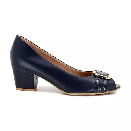 Peep Toe Em Couro Com Aviamento- Azul Marinho- Salto: 5,5cm