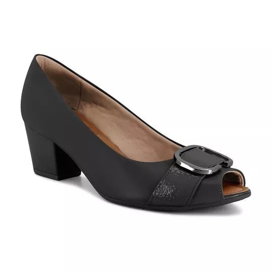 Peep Toe Em Couro Com Aviamento- Preto- Salto: 5,5cm