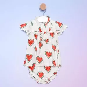 Vestido Corações Com Tapa Fraldas<BR>- Branco & Vermelho<BR>- Pequena Mania