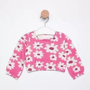 Cropped Floral Com Franzidos<BR>- Rosa & Off White<BR>- Pequena Mania