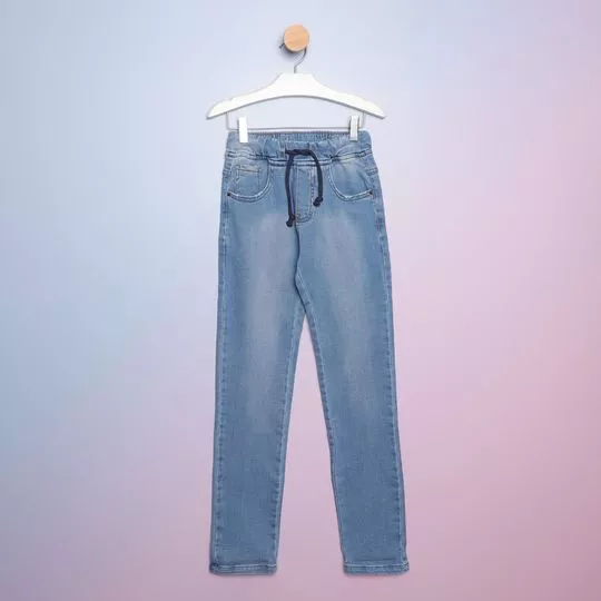 Calça Jeans Reta Com Recortes- Azul- Pequena Mania