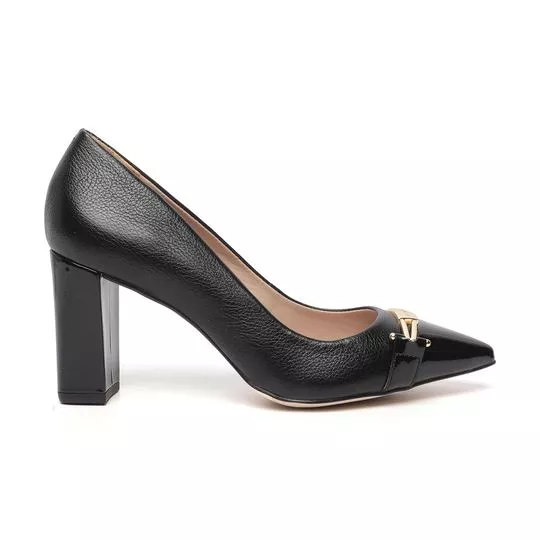 Scarpin Em Couro Com Aviamento- Preto- Salto: 8cm